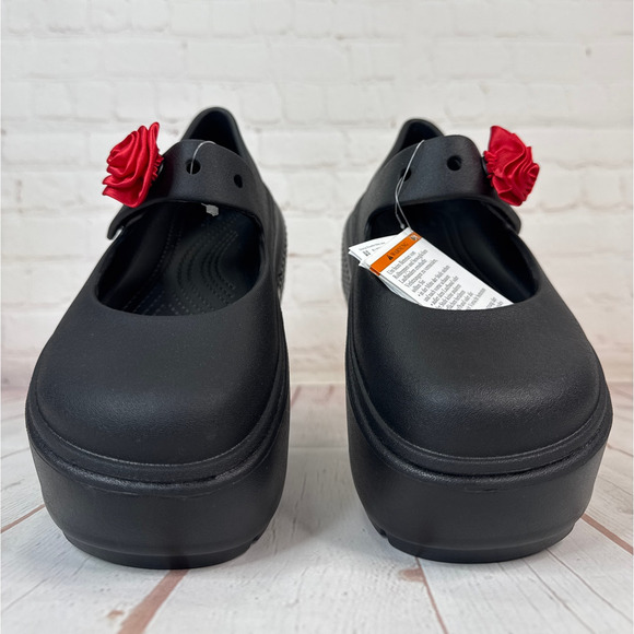 Crocs Stomp Rosette Mary Jane Black Red Rose Platform Clog Sandals M Sz 6/W Sz 8 - Picture 5 of 9